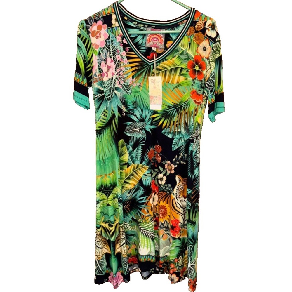 NWT Johnny Was XS Janie Favorite V Neck tunic Dress Tropical floral boho tiger